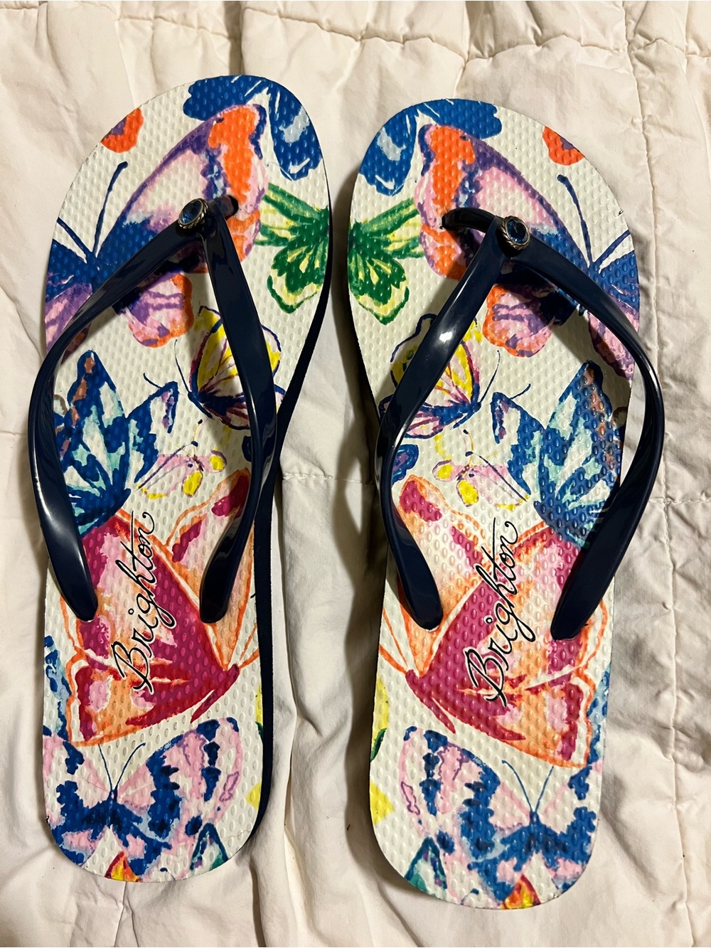 Brighton Multicolor Floral & Butterfly Flip Flops with Navy Straps